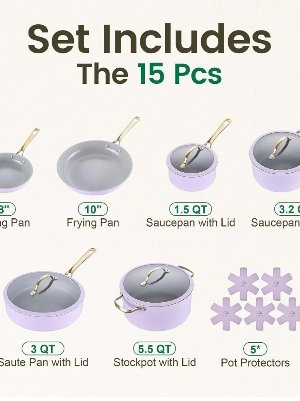 Chef Power 15pc Ceramic Nonstick Cookware Set Purple Induction Oven Safe